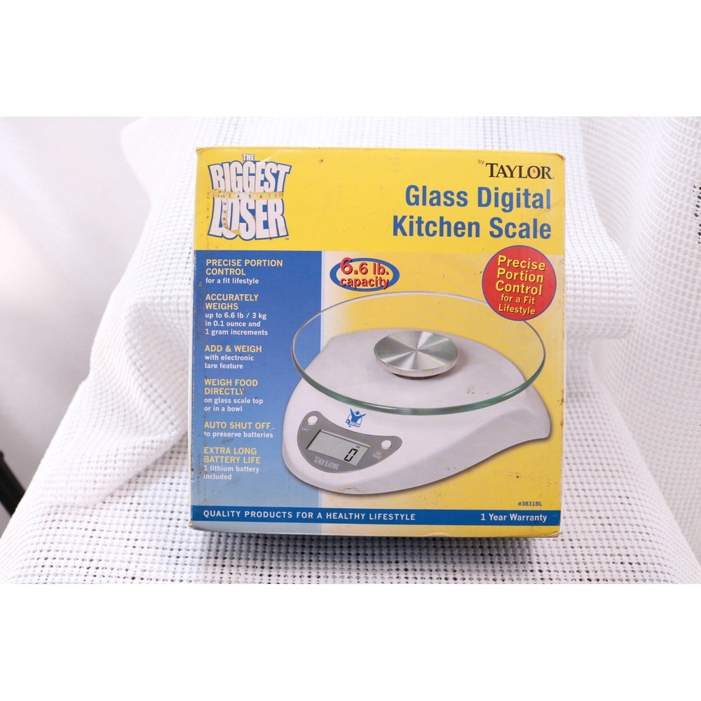 Taylor Biggest Loser Glass Digital Kitchen Scale 3831BL White 6.6 LB Capacity